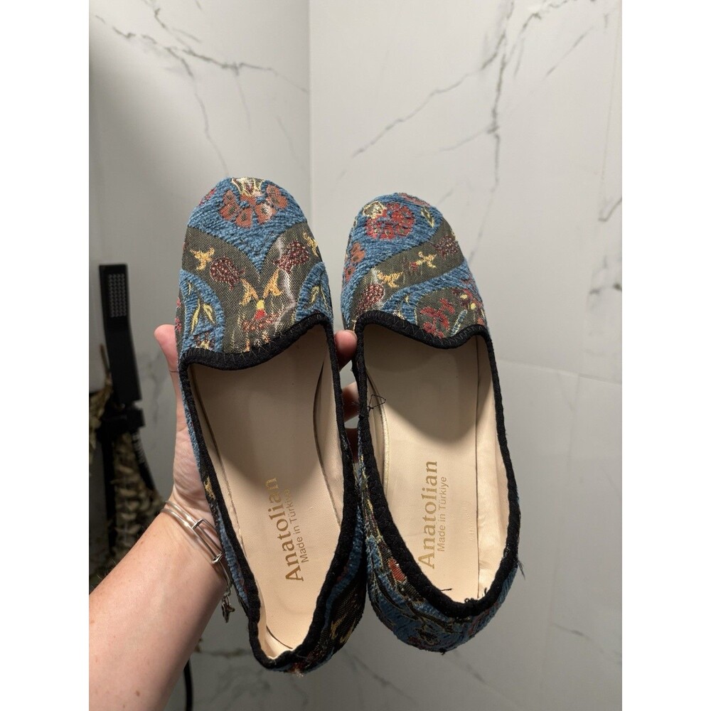 Anatolian Women's Embroidered Floral Woven Flats Blue Red Gold Size 7 Slip On
